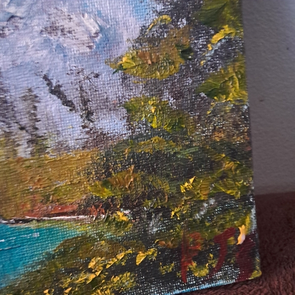 Bob Ross Inspired Hand Painted Canvas Oil Paint Mountains Grassy Feilds - Picture 2 of 5